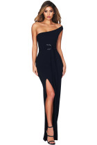 Navy Goddess Elegant One Shoulder Party Dress