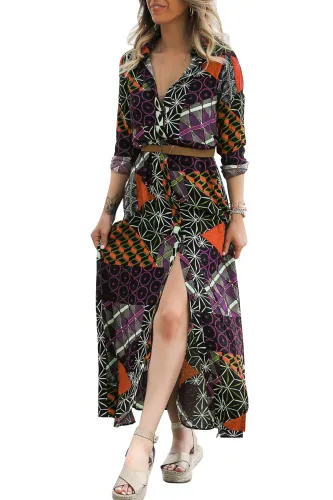 Black Red Boho Print Belted Maxi Shirt Dress