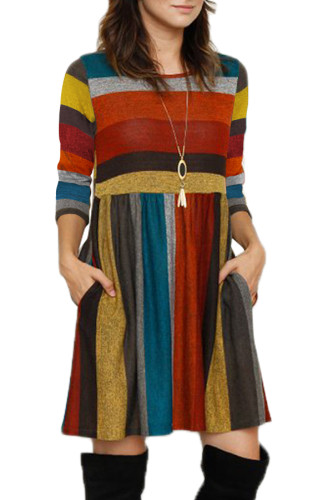Orange Multicolor Striped Soft Cotton Tunic Dress