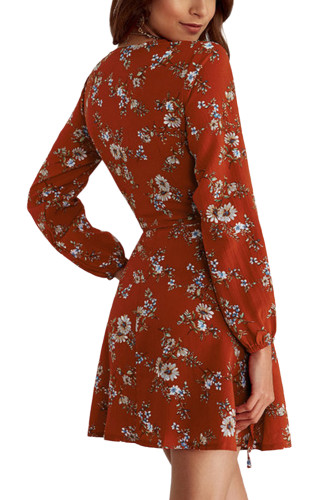 Burgundy Long Sleeve V Neck Floral Wrap Dress