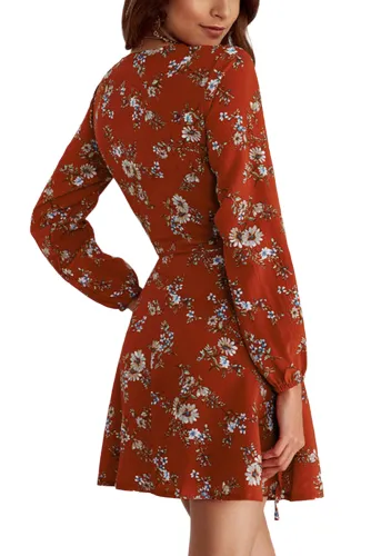Burgundy Long Sleeve V Neck Floral Wrap Dress