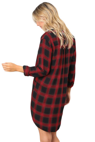 Red Black Plaid Pocket Style Shirt Dress