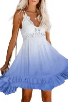Sky Blue Crochet V Neck Tie-dye Lace Mini Dress