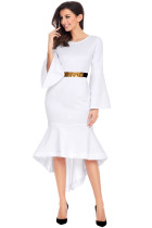 White Bell Sleeve Dip Hem Belted Dress