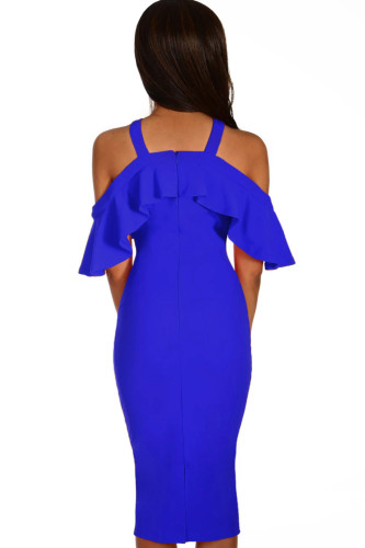 Royal Blue Frill Cold Shoulder Midi Dress