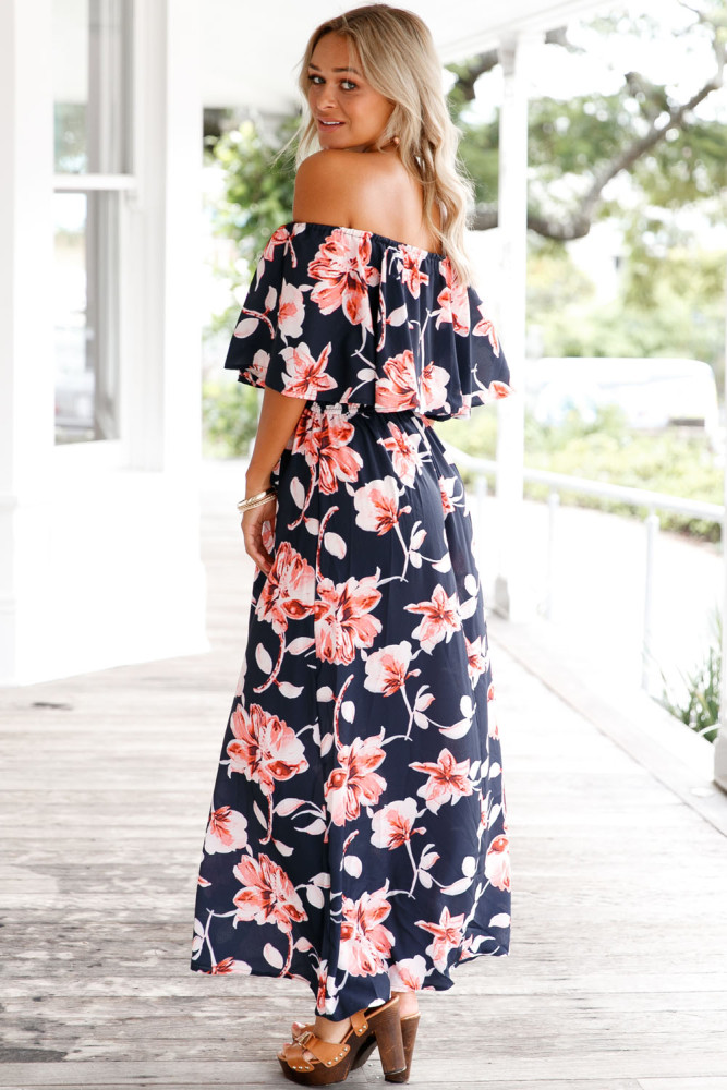 Navy Blue Boho Vibe Floral Print Off Shoulder Maxi Dress