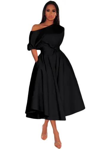 Black One-shoulder Waist Cincher Puffy Party Dress