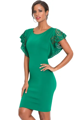 Green O-Neck Hollow Out Cloak Sleeve Bodycon Mini Dress