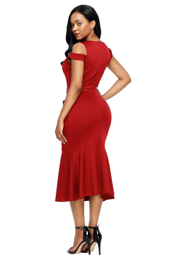 Burgundy Cold Shoulder Bow Detail Mermaid Dress