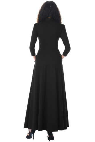 Black Pocketed 3/4 Sleeves Tie Neck Maxi Dress
