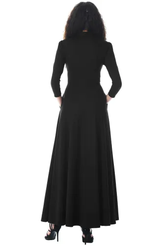Black Pocketed 3/4 Sleeves Tie Neck Maxi Dress