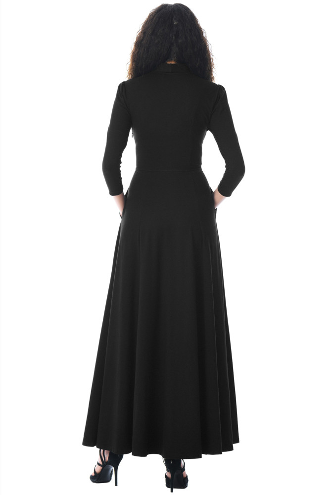 Black Pocketed 3/4 Sleeves Tie Neck Maxi Dress