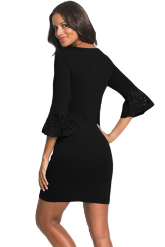 Black 3/4 Hollow-out Bell Sleeve Sheath Mini Dress