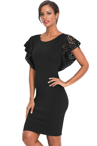 Black O-Neck Hollow Out Cloak Sleeve Bodycon Mini Dress