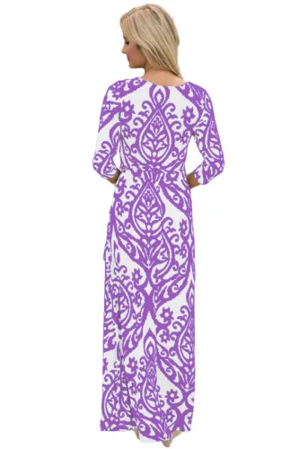 White Purple Damask Print Wrap V Neck Boho Dress