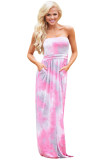 Contrast Tendril Print Pink Strapless Maxi Boho Dress