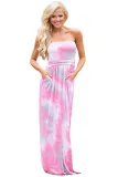 Contrast Tendril Print Pink Strapless Maxi Boho Dress