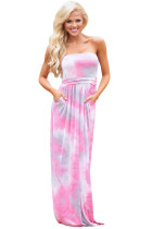 Contrast Tendril Print Pink Strapless Maxi Boho Dress