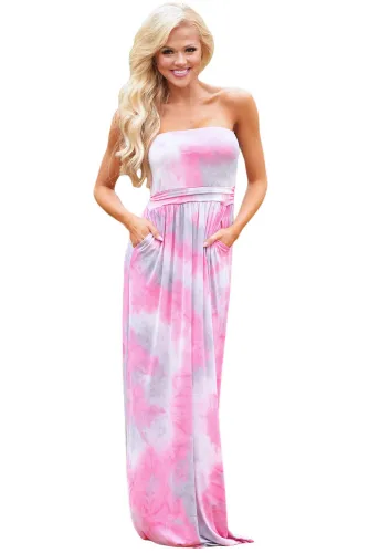 Contrast Tendril Print Pink Strapless Maxi Boho Dress