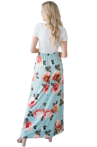 White Blue Floral Pocket Style Long Summer Dress