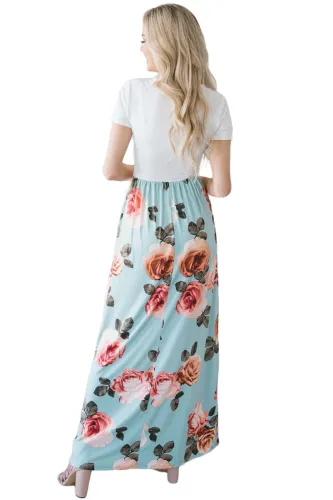 White Blue Floral Pocket Style Long Summer Dress