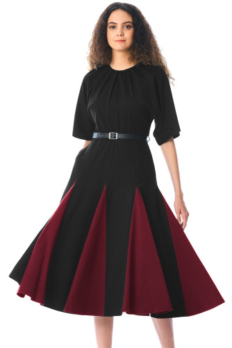 Black Burgundy Godet Colorblock A-line Midi Dress