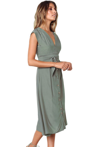 Chic V Neckline Buttons Design Green Midi Dress