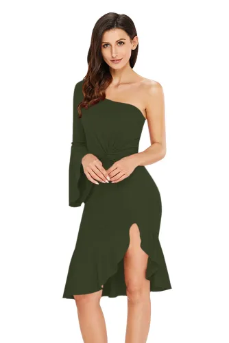Green Twist and Ruffle Accent One Shoulder Prom Dress