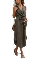 Army Green Sleeveless Shirt Long Dress with Pockets