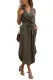 Army Green Sleeveless Shirt Long Dress with Pockets
