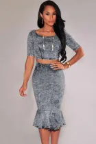 Acid Wash Denim Mermaid Skirt Set