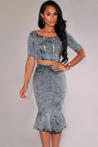 Acid Wash Denim Mermaid Skirt Set