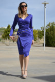 Asymmetric Button Detail Cobalt Blue Ruched Midi Dress