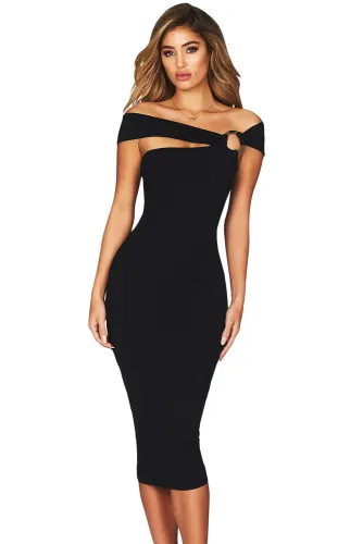 Black Elegant Off Shoulder Bodycon Midi Dress
