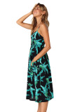 Green Leaf Print Black Buttoned Sundress