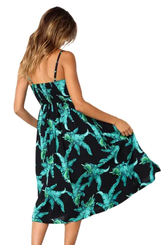 Green Leaf Print Black Buttoned Sundress
