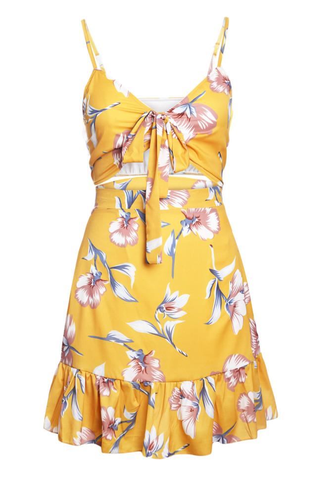 Mustard Floral Print Tie Front Bralette and A-line Mini Skirt