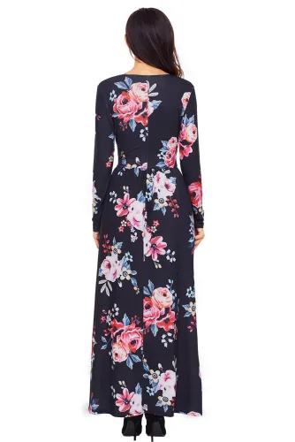 Black Floral Surplice Long Sleeve Maxi Boho Dress