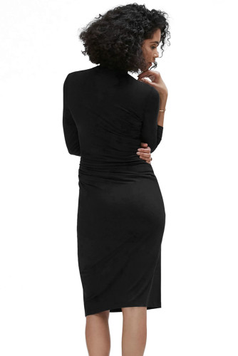 Black Long Sleeve Pleated Wrap Midi Dress