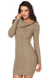 Asymmetric Buttoned Collar Apricot Bodycon Sweater Dress