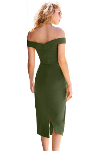 Green Military Button Off-The-Shoulder Vintage Dress