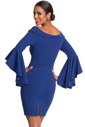 Blue Double Breasted Button Off Shoulder Dress