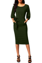 Army Green Puff Sleeve Belt Chiffon Pencil Dress