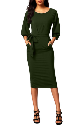 Army Green Puff Sleeve Belt Chiffon Pencil Dress