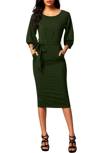 Army Green Puff Sleeve Belt Chiffon Pencil Dress