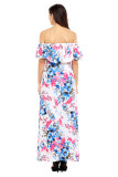 Blue Rosy Flower Off Shoulder Long Boho Dress