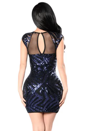 Navy Sequin Mesh Cutout Sexy Club Dress