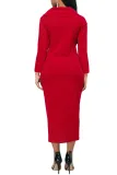 Stylish Red Button Up Front Slit Sheath Midi Dress