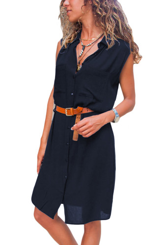 Blue Pockets Buttoned Sleeveless Shirt Dress