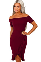 Red Frill Trim Short Sleeve Off Shoulder Midi Dress